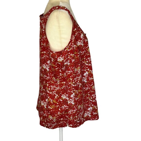 Eddie Bauer Sleevless Top XL 100% Cotton Button Front Pintucking Red Abstract - Picture 3 of 9
